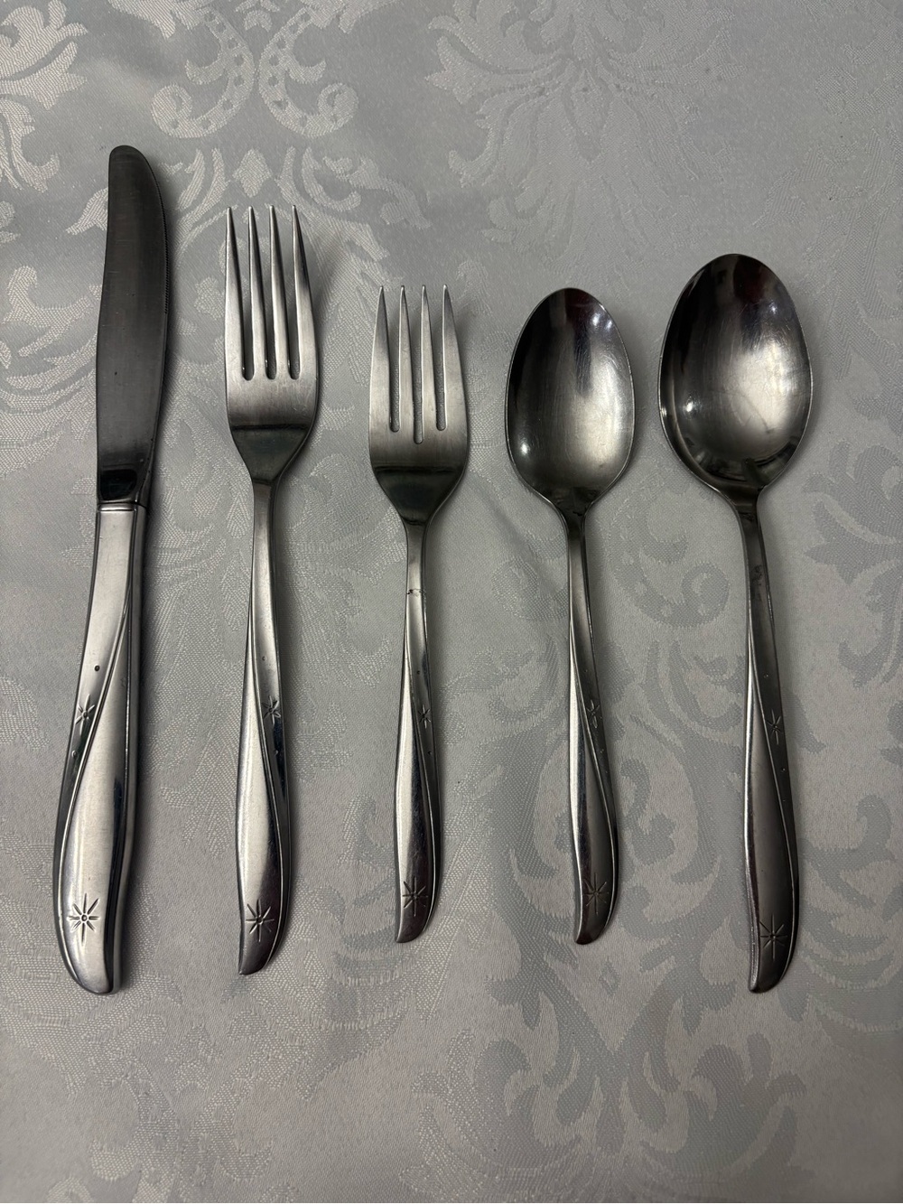 MCM Oneida Twin Star Stainless Steel Silverware 5 Piece Set Atomic Starburst